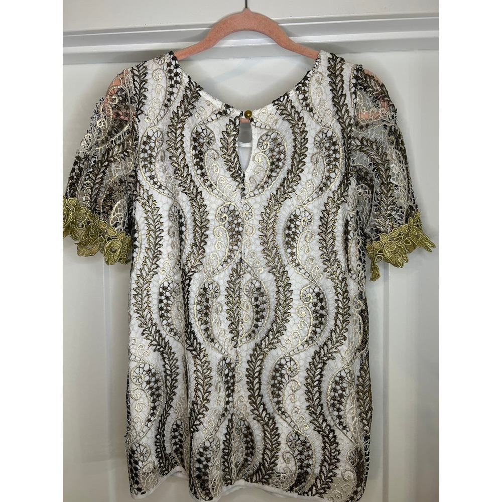 NEW Voom Joy Han Womens Metallic Gold Lace Embroidered Top White Medium Boho - Picture 4 of 8